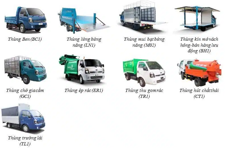 KIA K250 THÙNG MUI BẠT - TẢI 1.99/2.49 TẤN Các kiểu loại thùng xe chuyên dụng